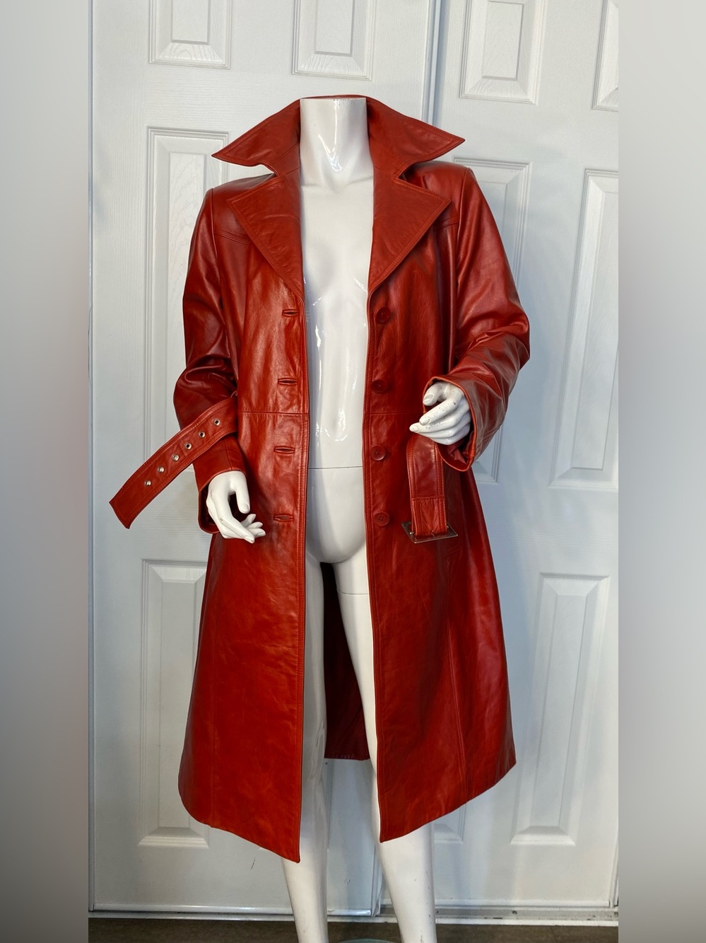 💯Leather Carlisle Red Leather Belted Trench Coat